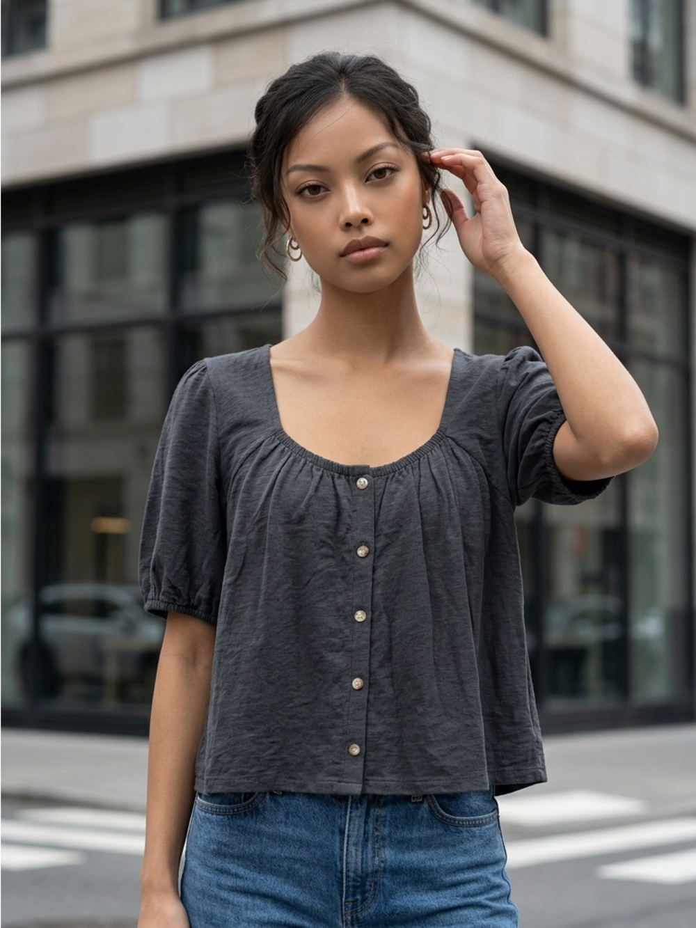 UpWest Womens Large Gray Cotton Button Up Top Short Sleeve Casual Top $44